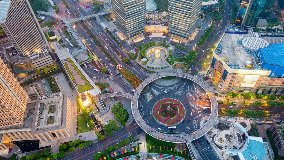 shanghai streets at lujiazui financial center. View from the Oriental Pearl TV Tower