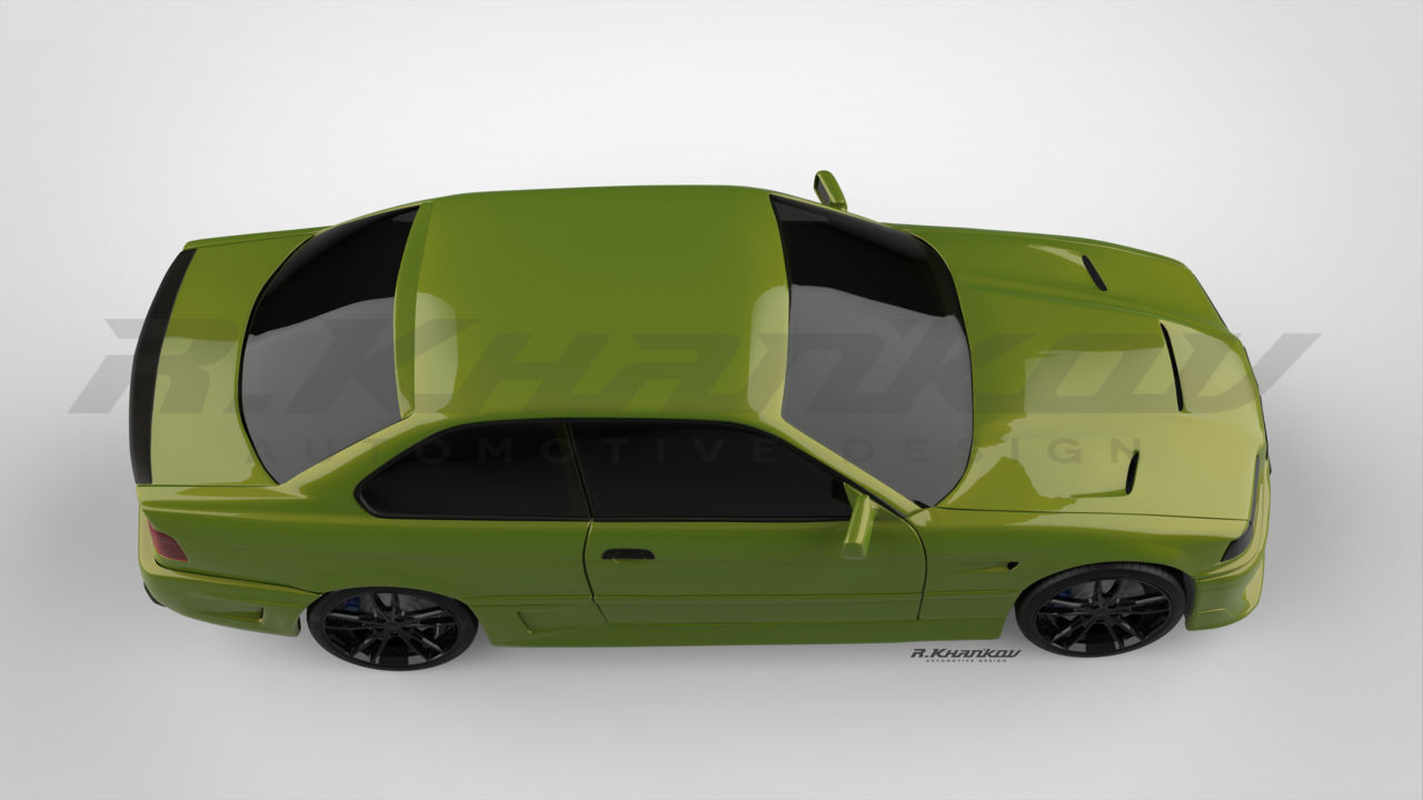 Рендер 3d-модели BMW-M3 E36 RK, вид сверху. Подобран красивый оливковый цвет, в сочетании с...